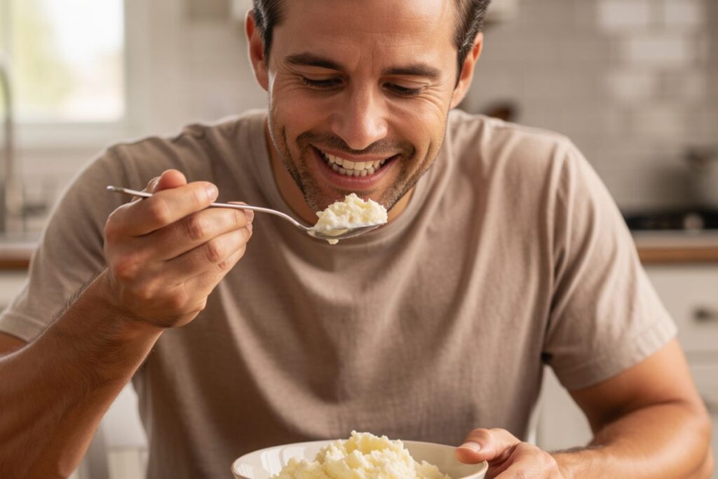 Patient eating soft food while recovering from all on 4 dental implants Phoenix procedure